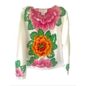 Vintage Adrienne Vittadini 100% Cotton White Floral Women’s Sweater Sz L